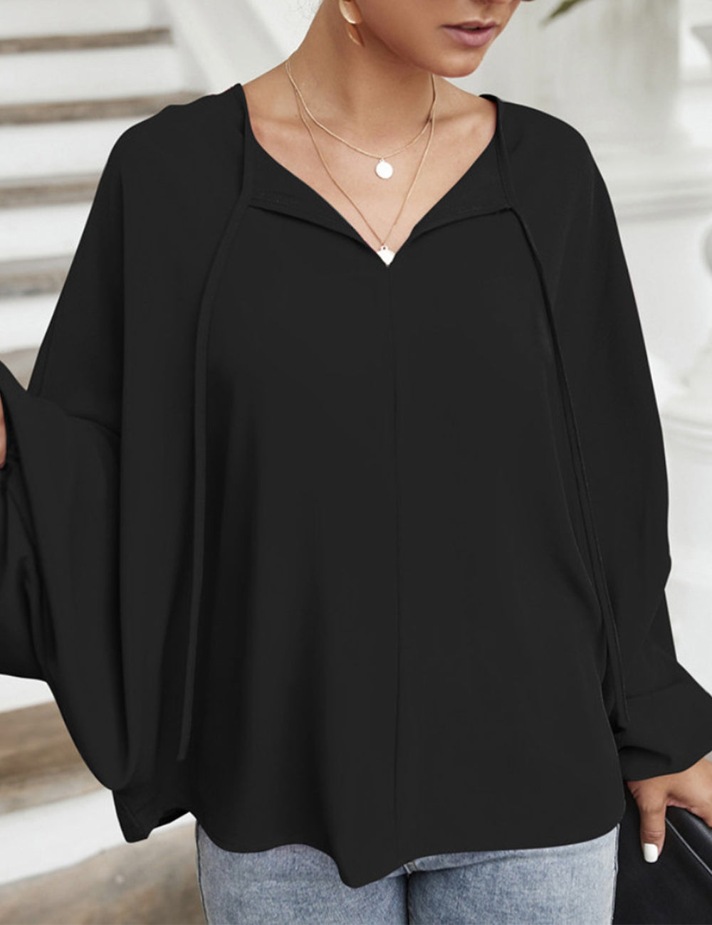 Tie Neck Dolman Sleeve Blouse