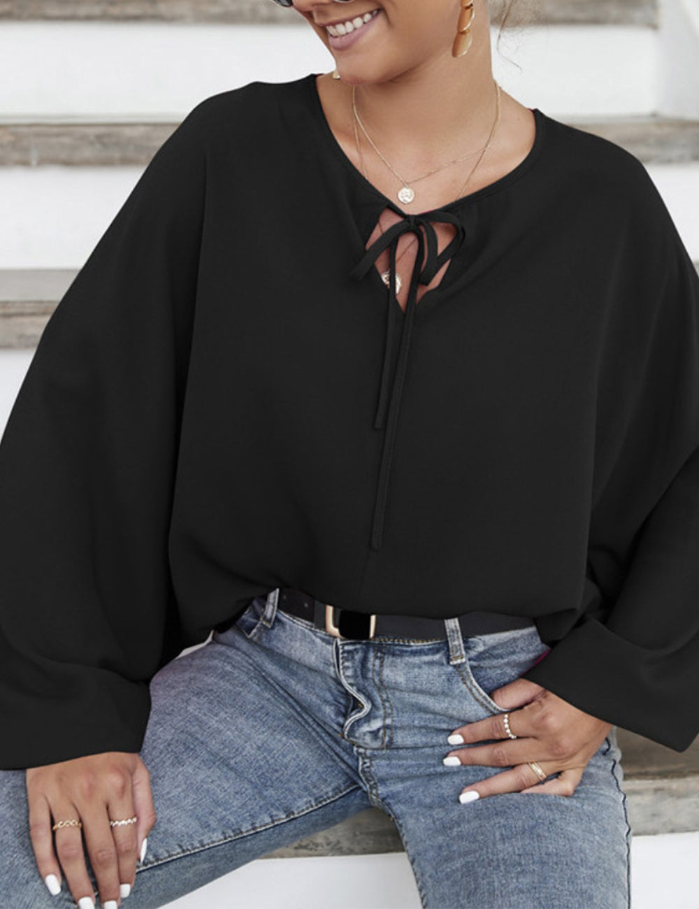 Tie Neck Dolman Sleeve Blouse