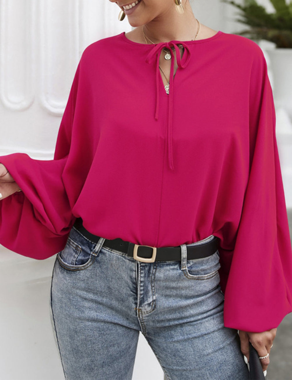 Tie Neck Dolman Sleeve Blouse
