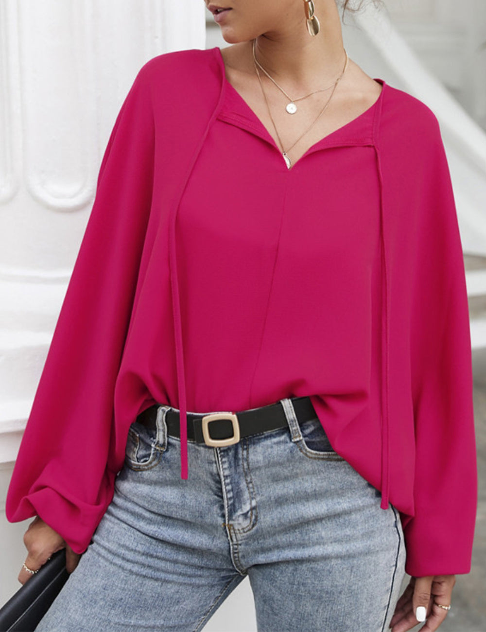 Tie Neck Dolman Sleeve Blouse