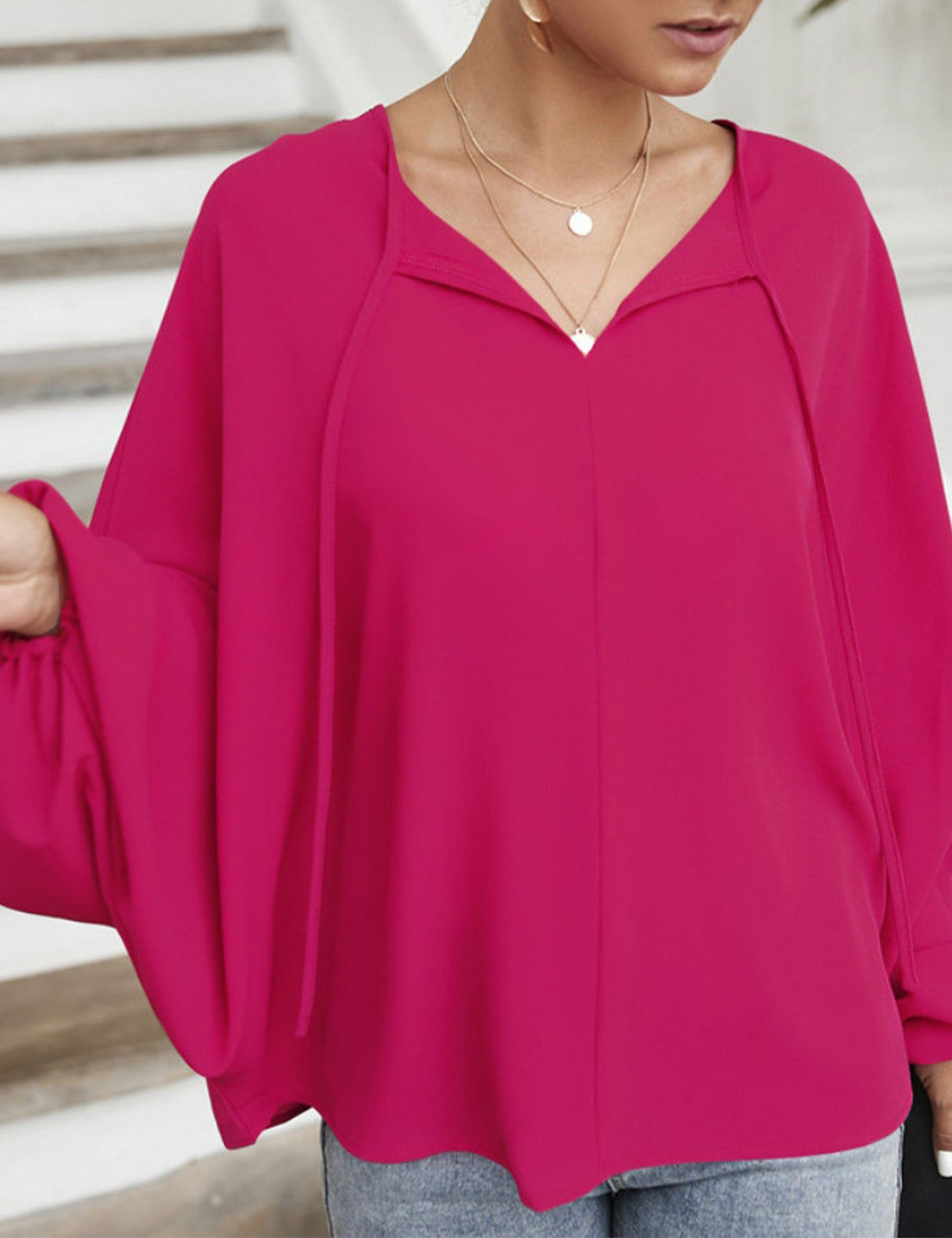 Tie Neck Dolman Sleeve Blouse