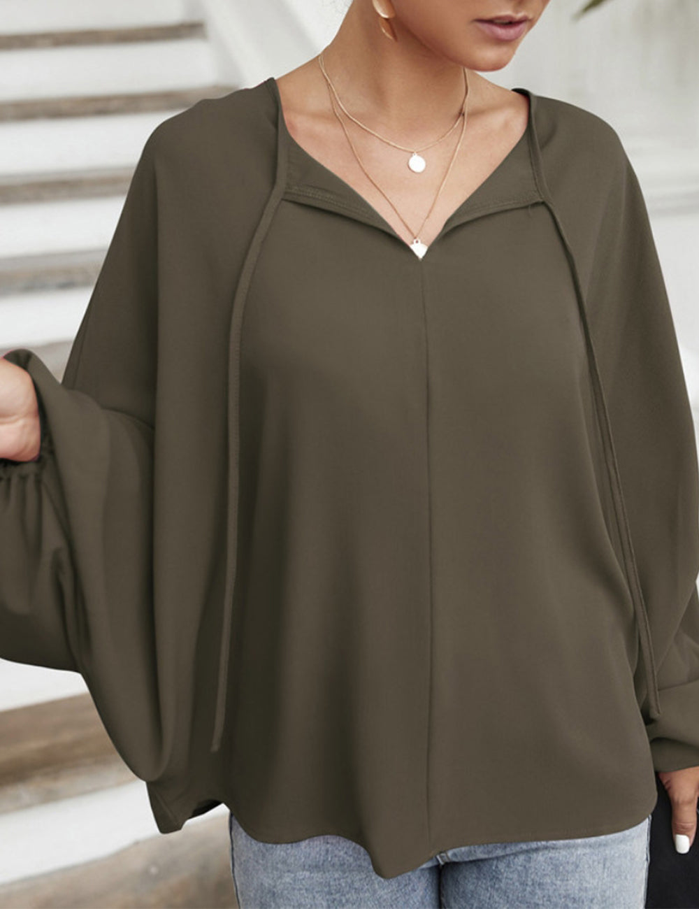 Tie Neck Dolman Sleeve Blouse