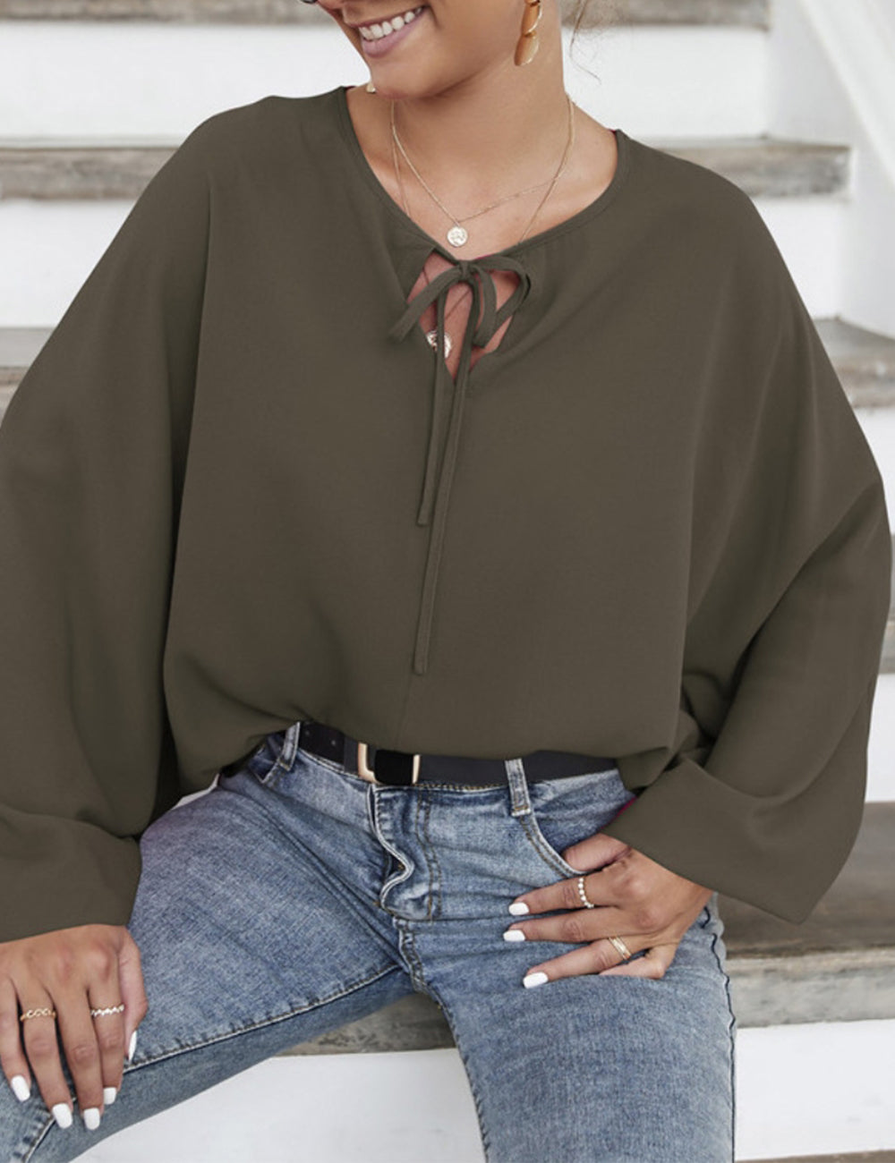 Tie Neck Dolman Sleeve Blouse