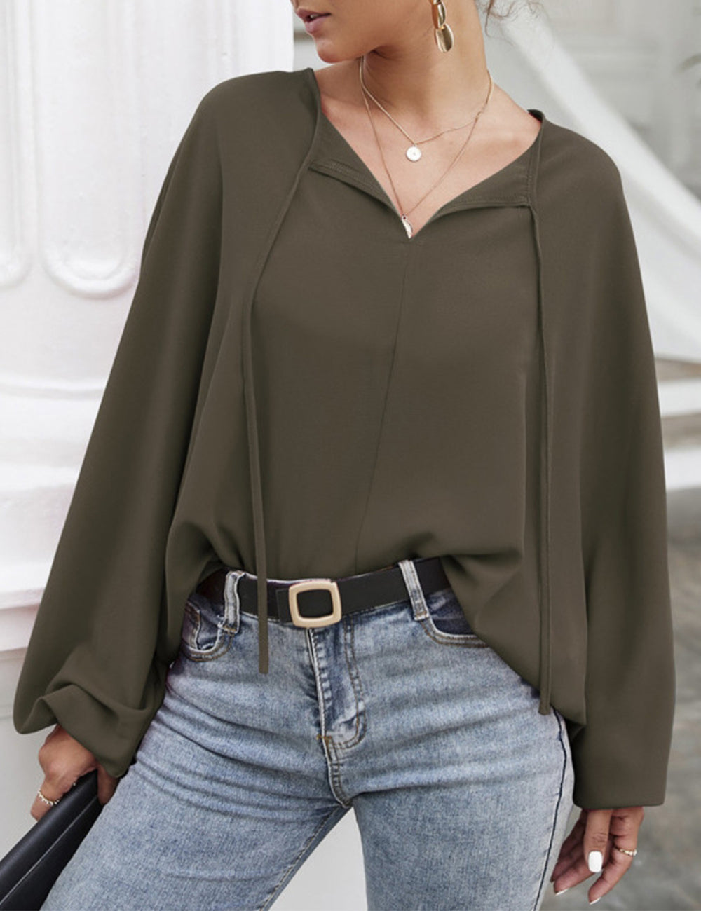 Tie Neck Dolman Sleeve Blouse