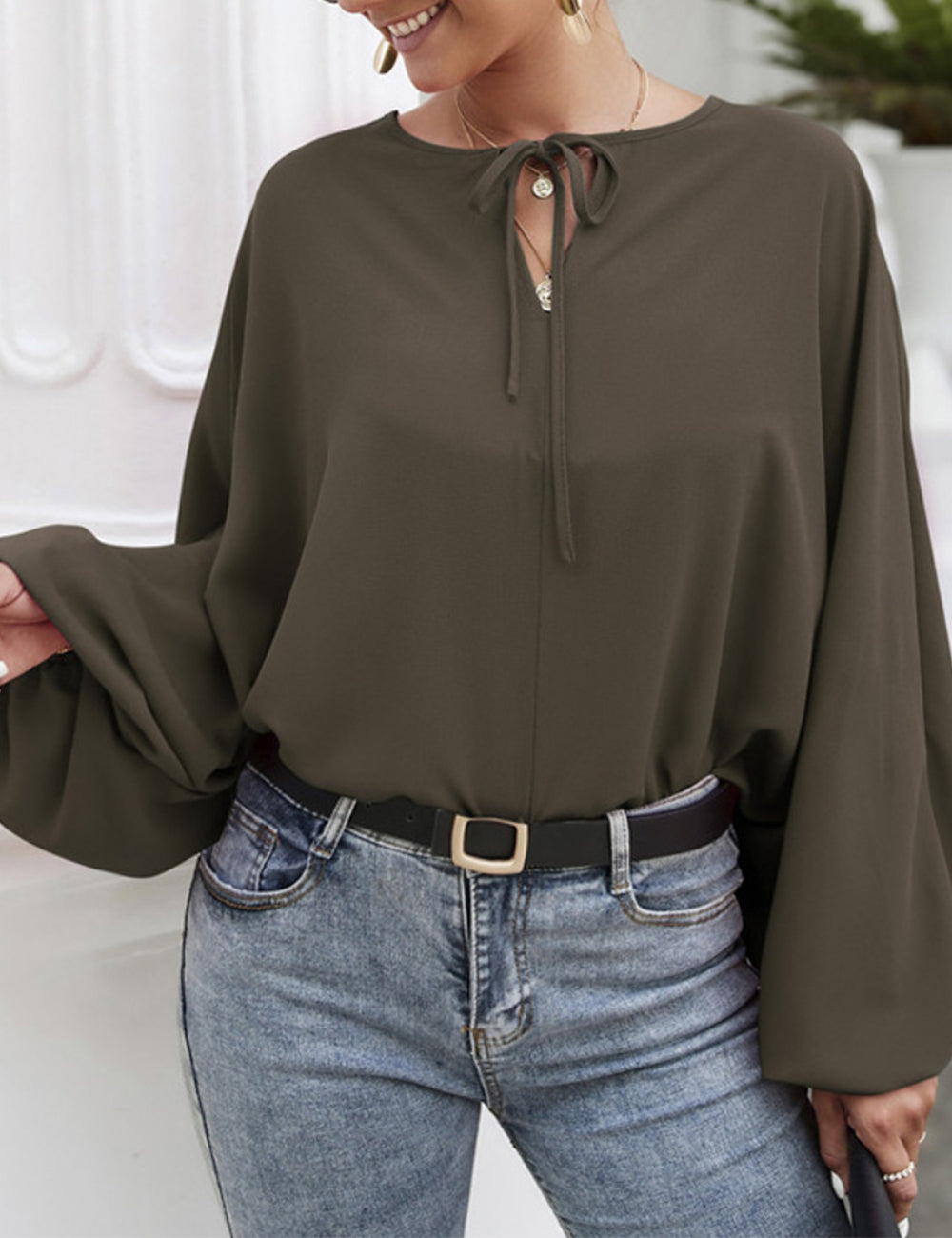 Tie Neck Dolman Sleeve Blouse