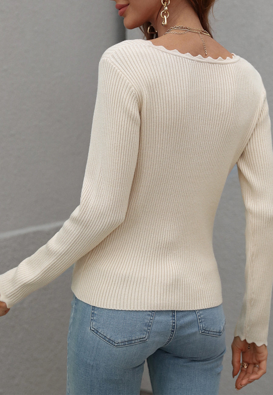 Suéter de punto acanalado con detalle festoneado