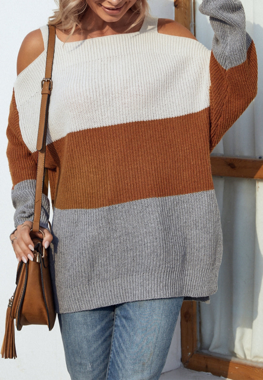 Cold Shoulder Striped Pattern Sweater