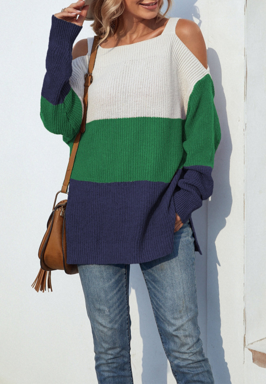 Cold Shoulder Striped Pattern Sweater