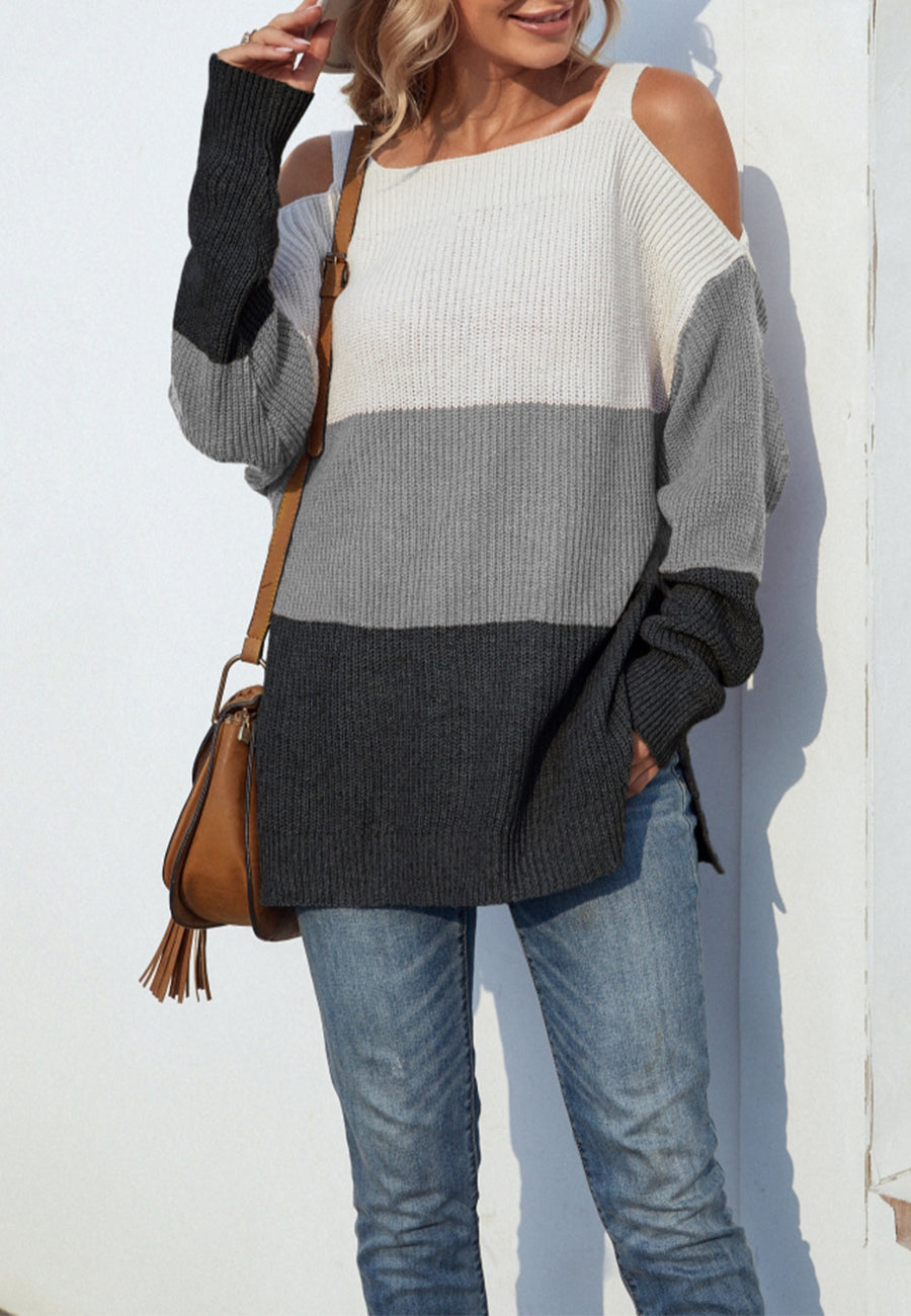 Cold Shoulder Striped Pattern Sweater