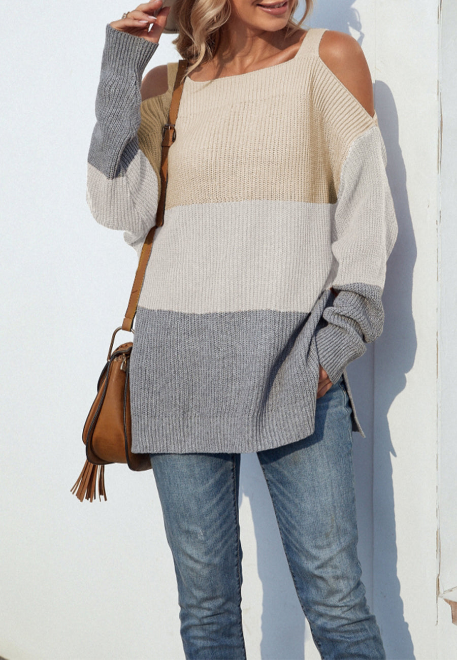 Cold Shoulder Striped Pattern Sweater