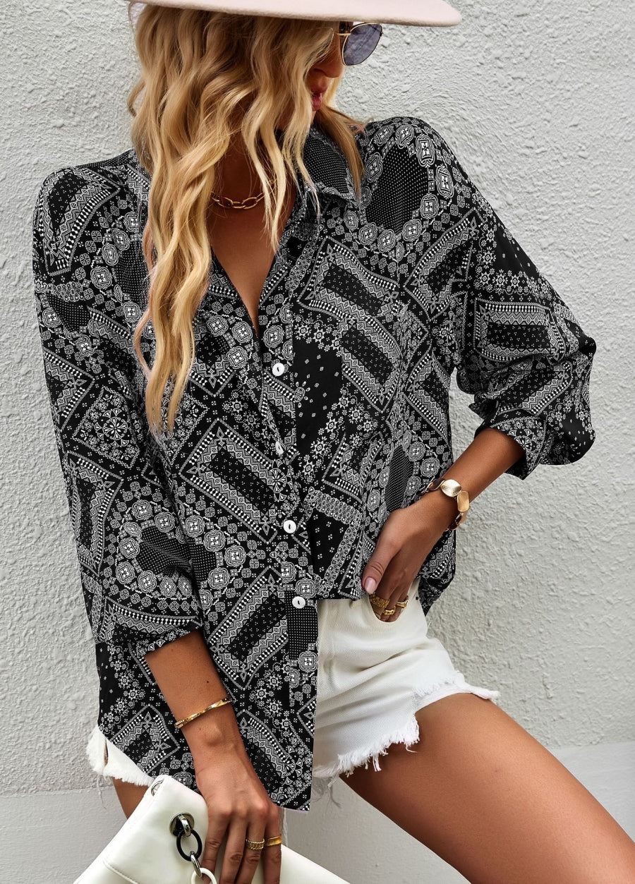 Geometric Bandana Print Button Blouse