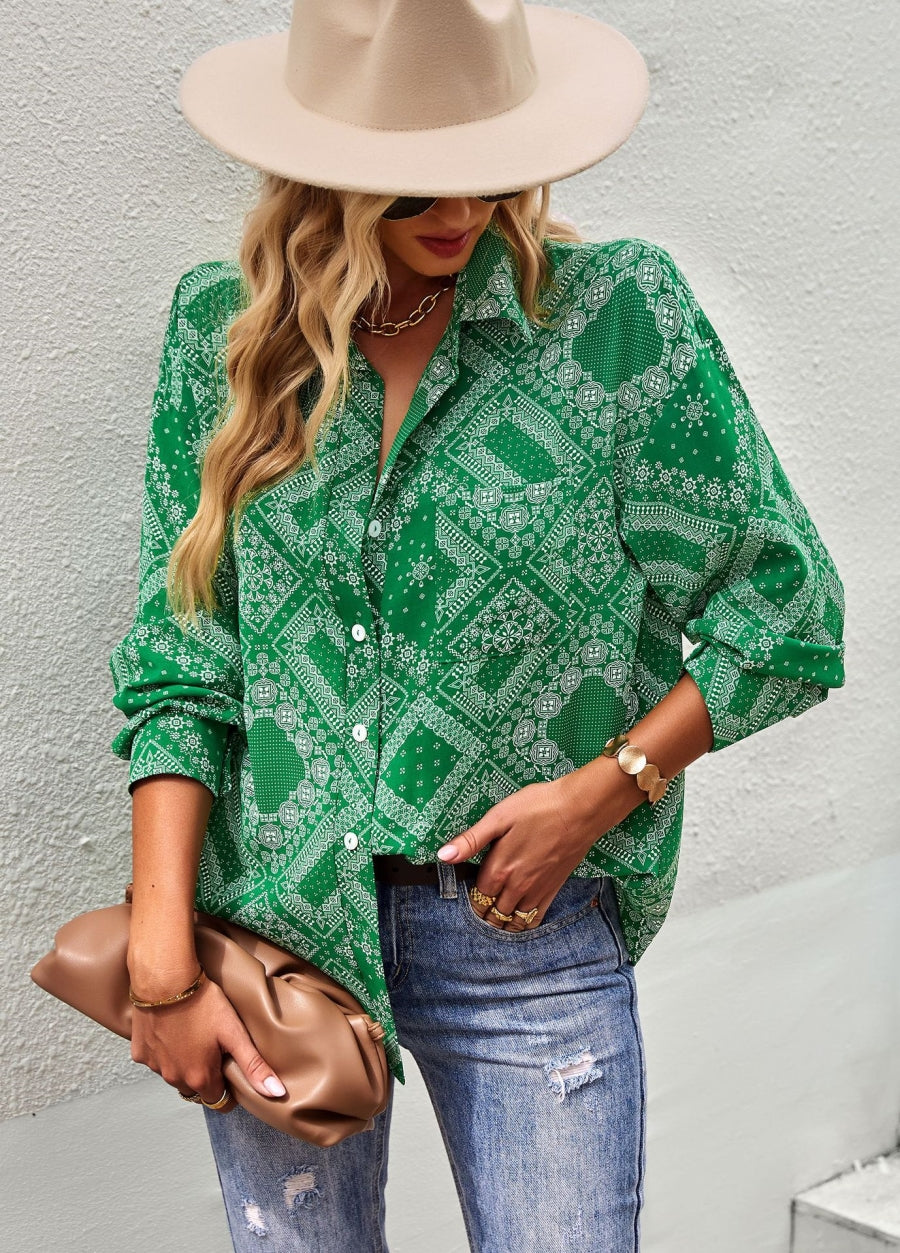 Geometric Bandana Print Button Blouse