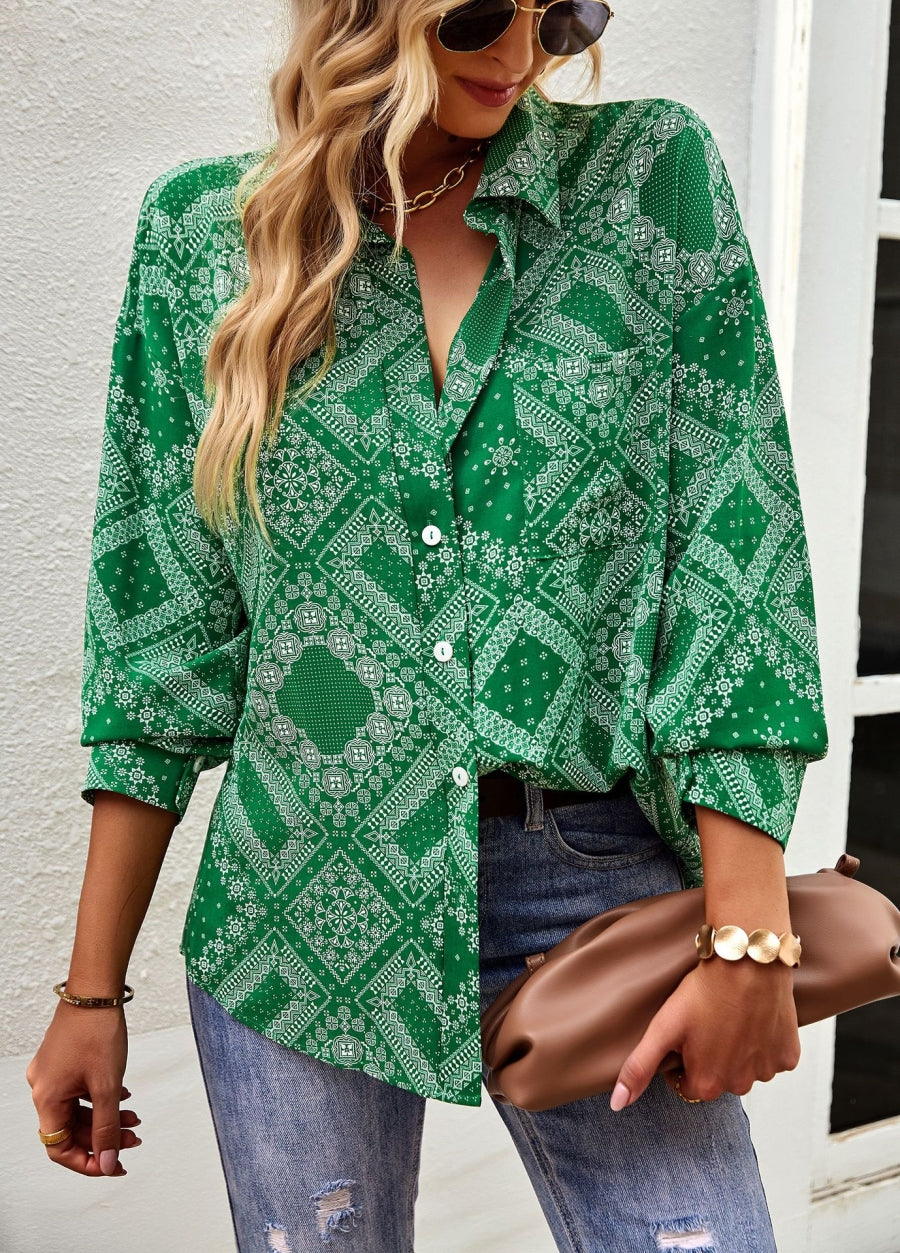 Geometric Bandana Print Button Blouse