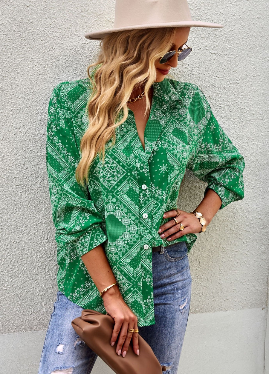 Geometric Bandana Print Button Blouse