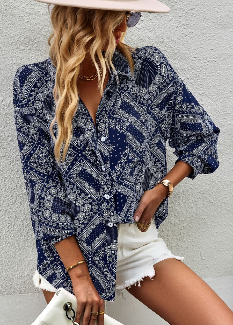 Geometric Bandana Print Button Blouse