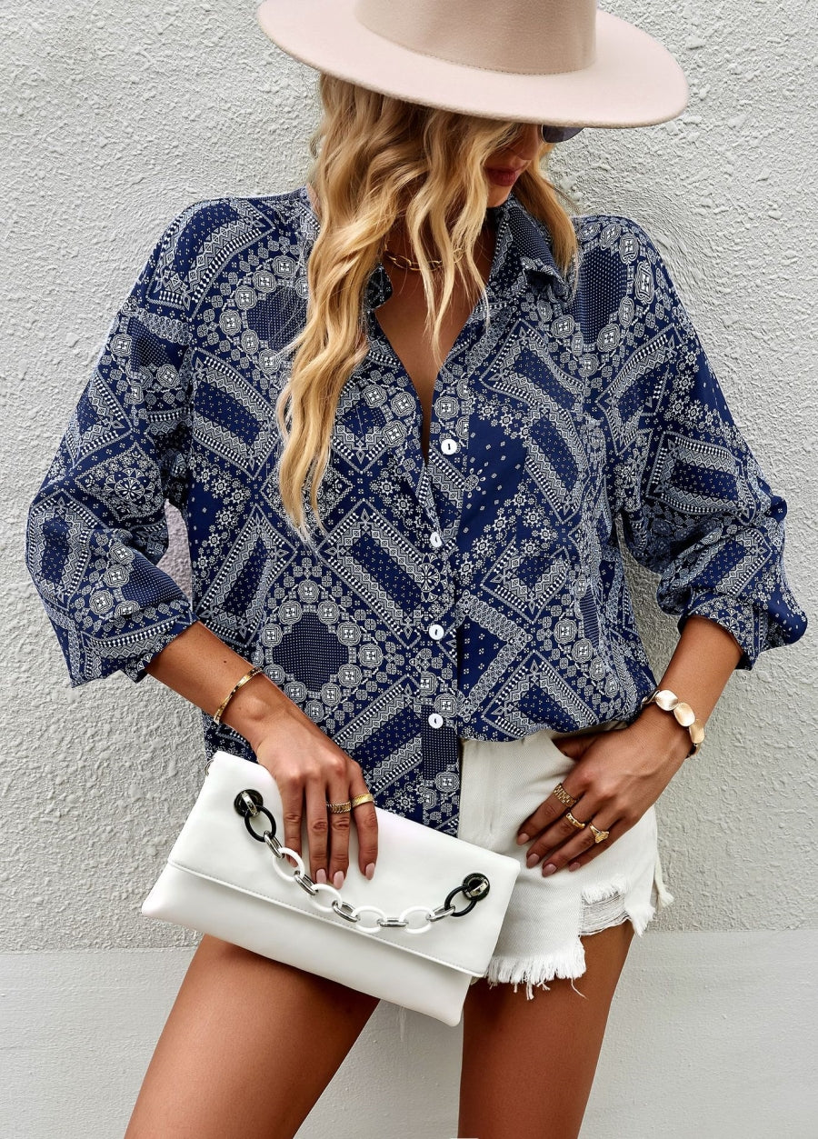 Geometric Bandana Print Button Blouse