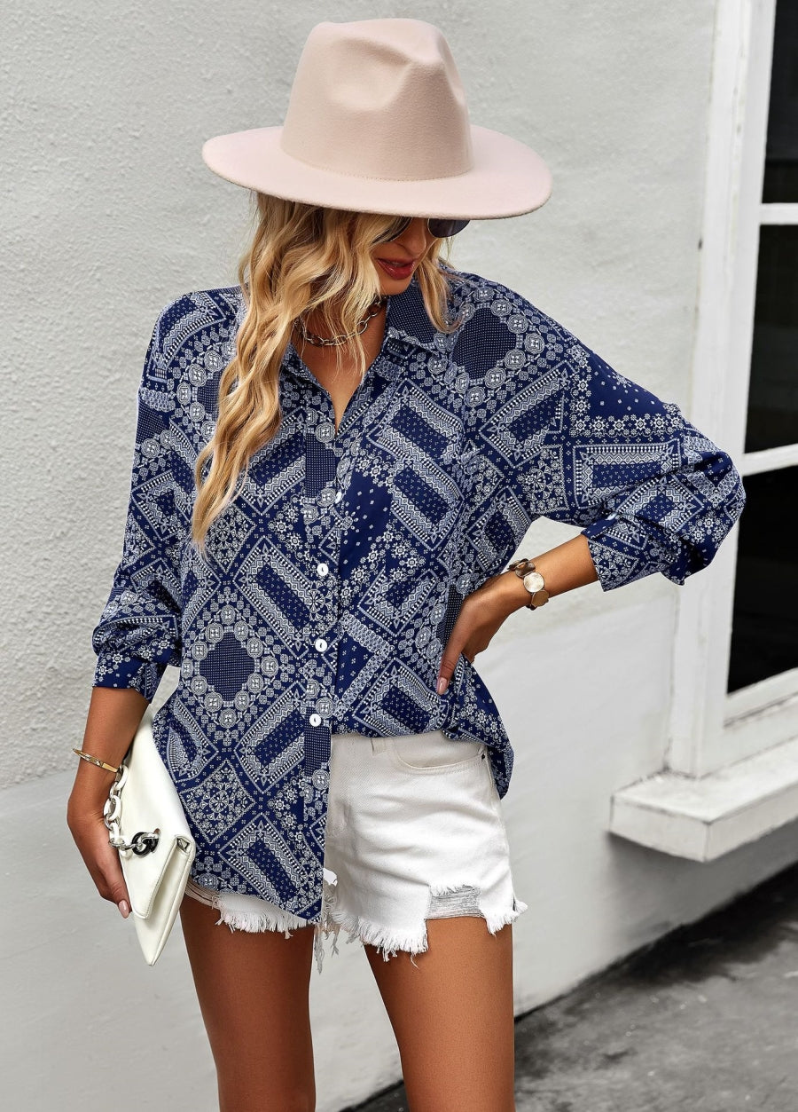 Geometric Bandana Print Button Blouse