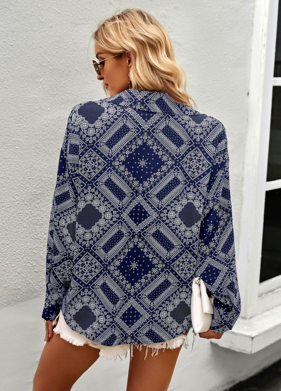 Geometric Bandana Print Button Blouse