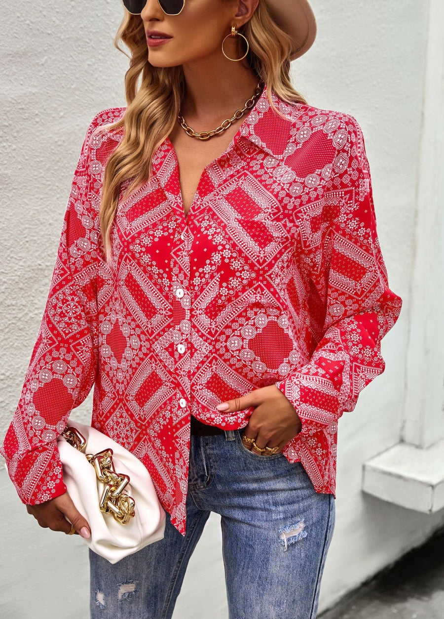Geometric Bandana Print Button Blouse