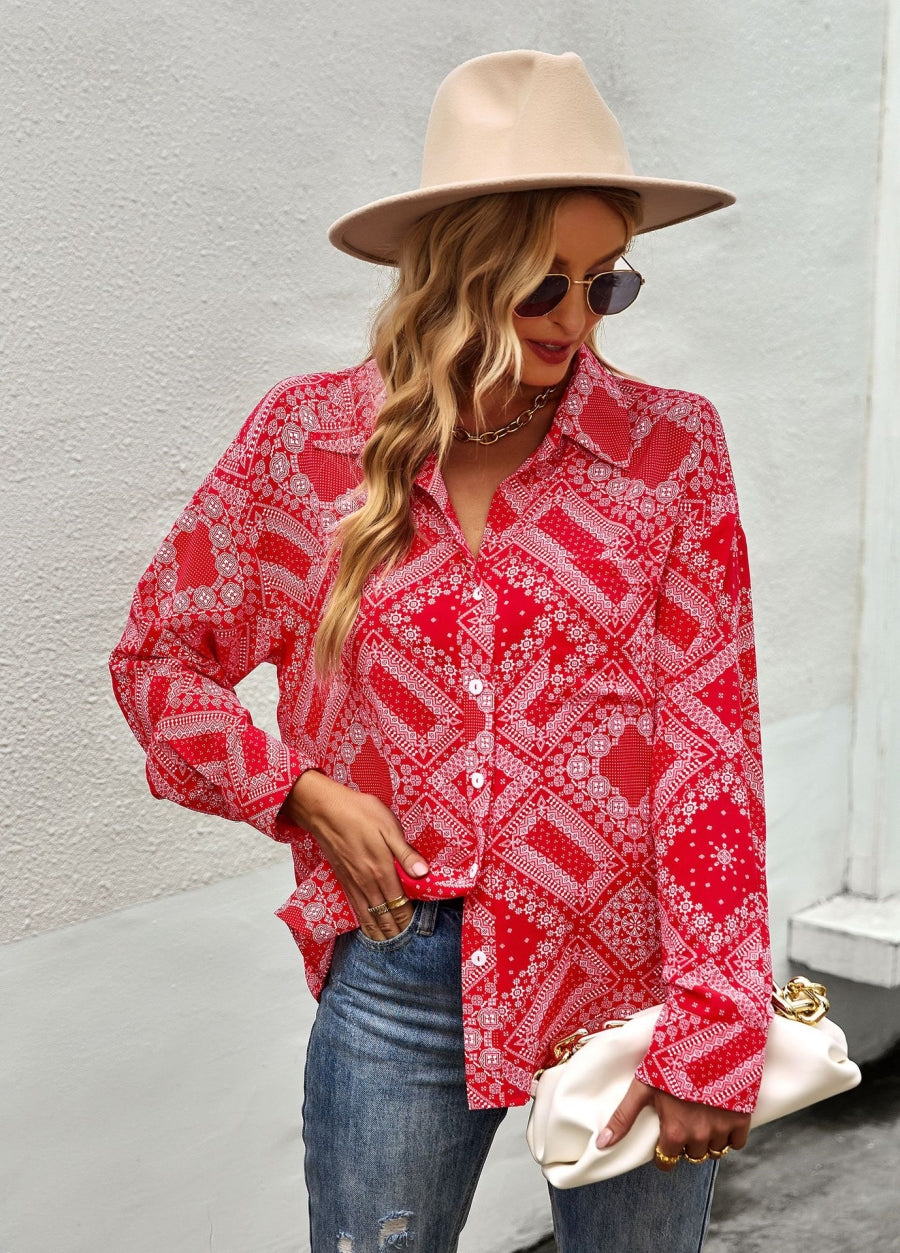 Geometric Bandana Print Button Blouse