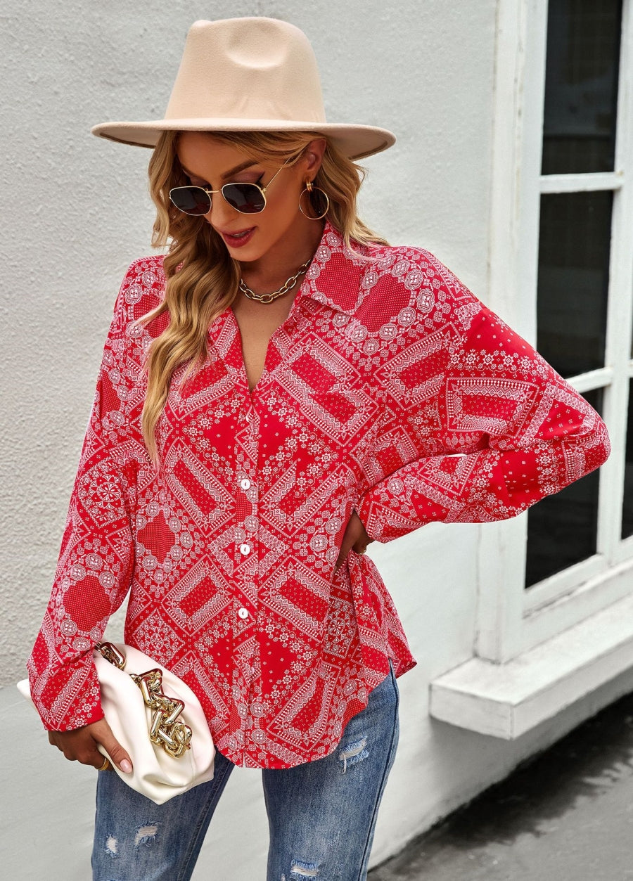 Geometric Bandana Print Button Blouse