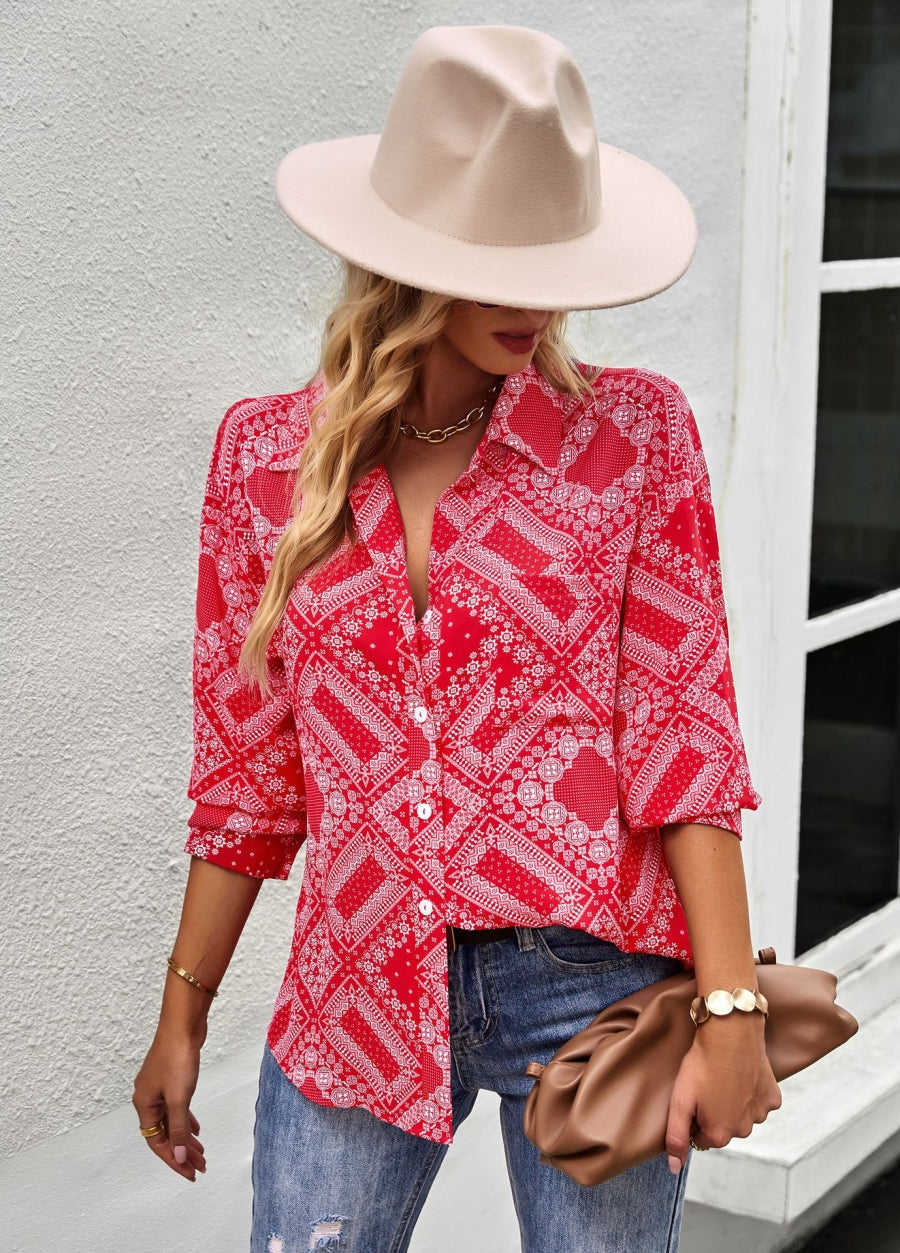 Geometric Bandana Print Button Blouse