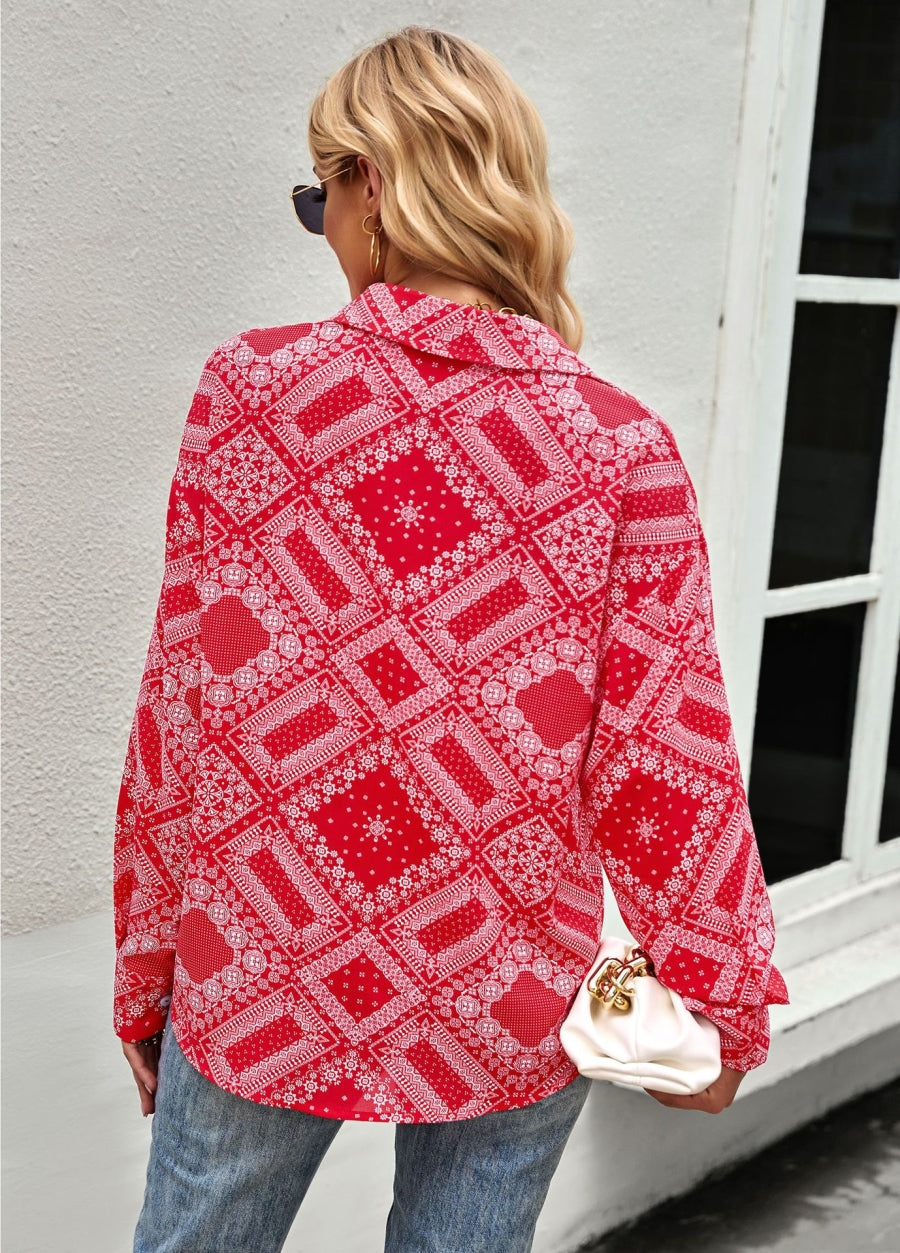 Geometric Bandana Print Button Blouse