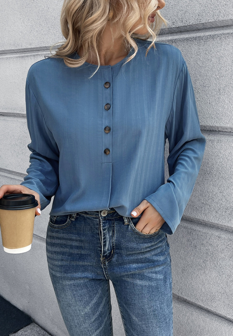 Round Neck Contrast Button Blouse