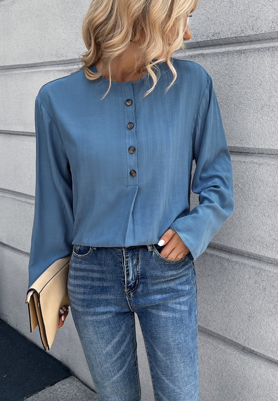 Round Neck Contrast Button Blouse