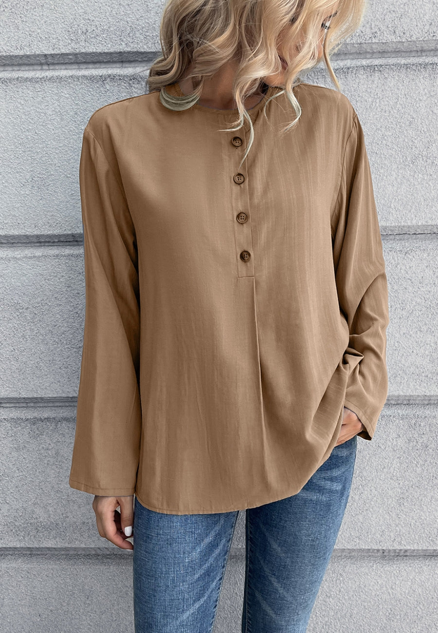 Round Neck Contrast Button Blouse