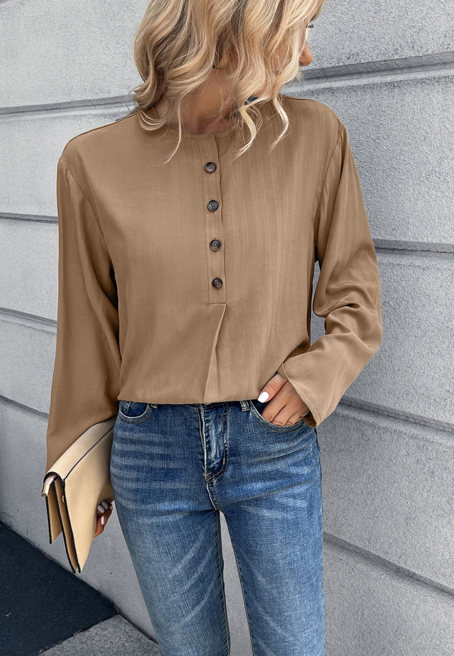 Round Neck Contrast Button Blouse