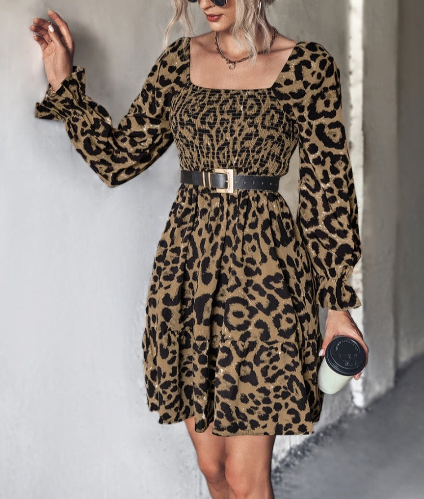 Square Neck Leopard Print Long Sleeve Dress Above Knee Length Anna-Kaci Square Neck Leopard Print Long Sleeve Dress Above Knee Length Anna-Kaci