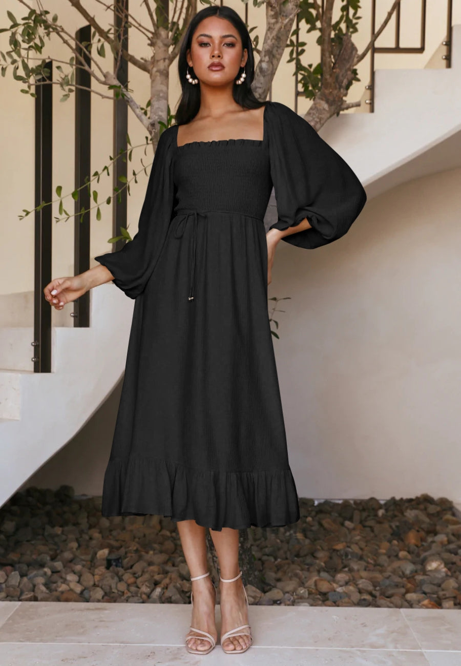 Vestido fruncido con mangas de obispo