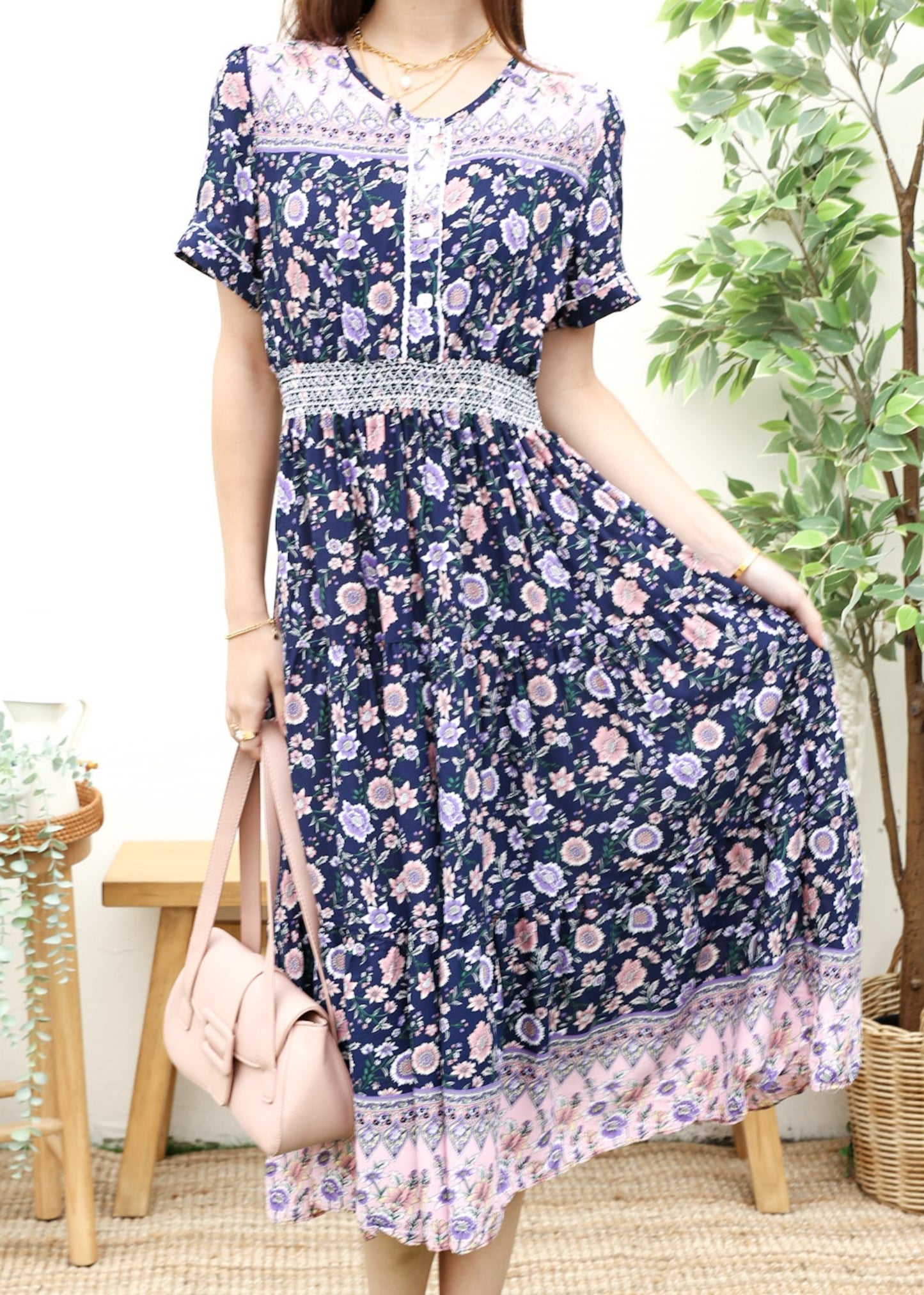 Vintage Printed Short Sleeve Dress