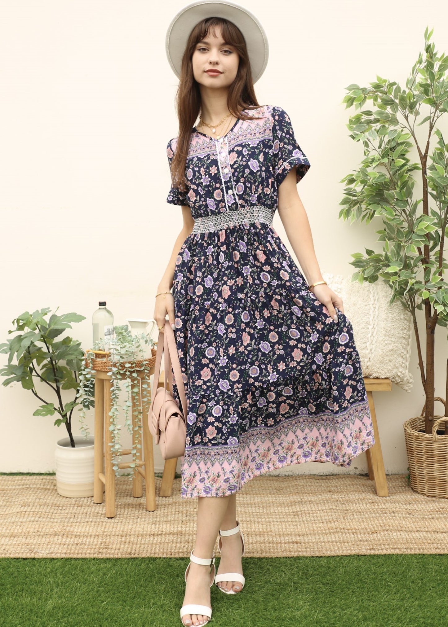 Vintage Printed Short Sleeve Dress