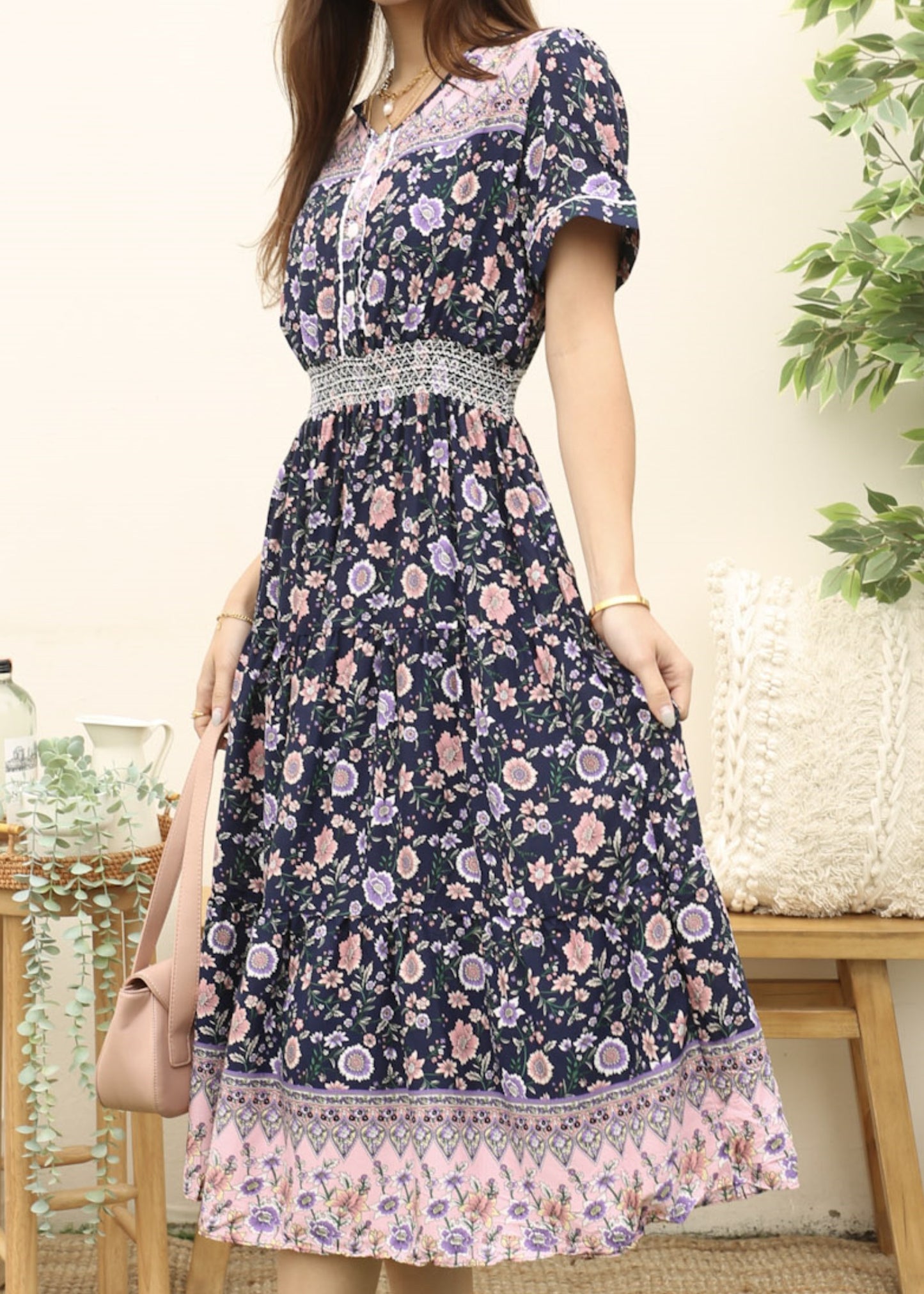 Vintage Printed Short Sleeve Dress