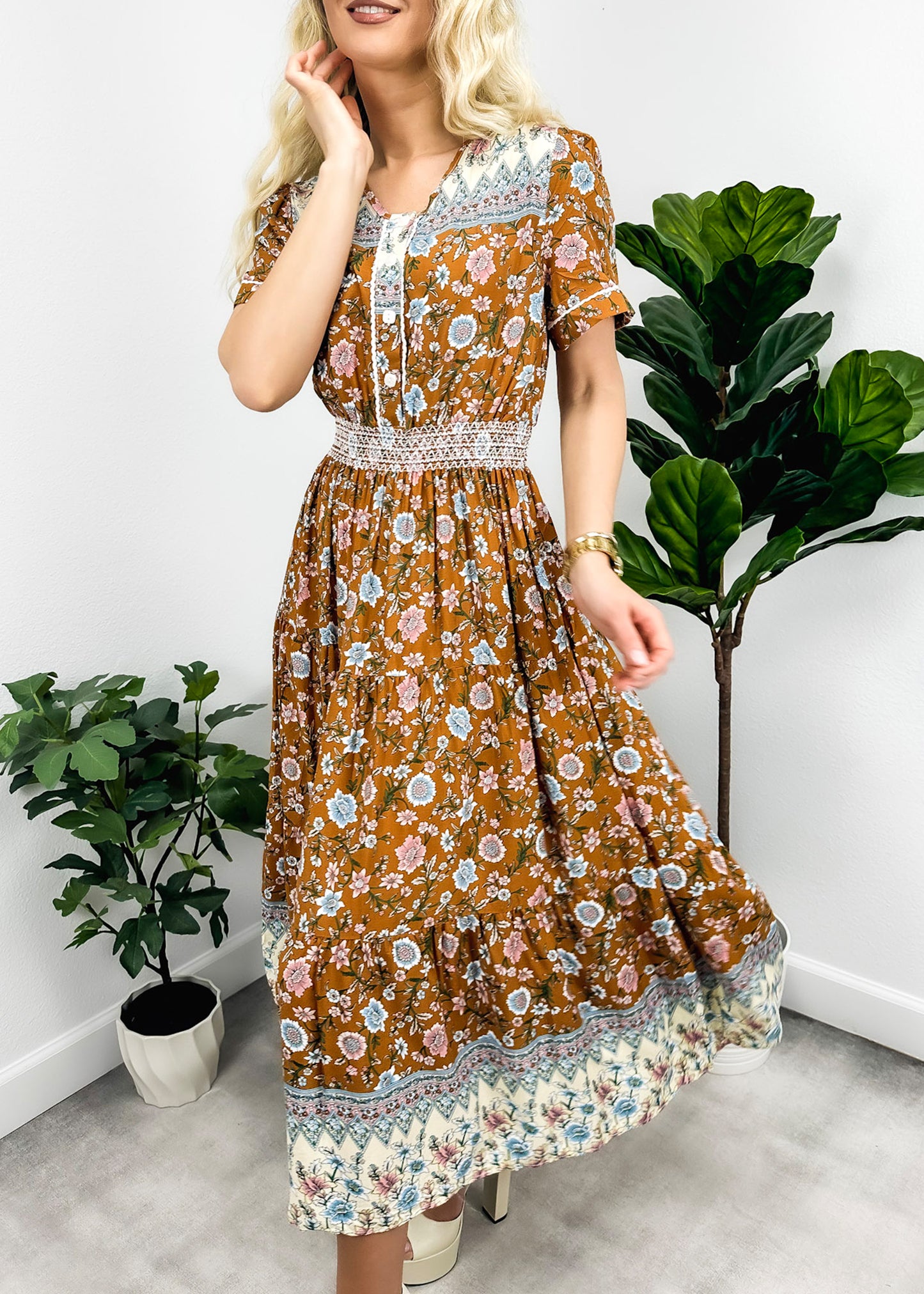 Vintage Printed Short Sleeve Dress