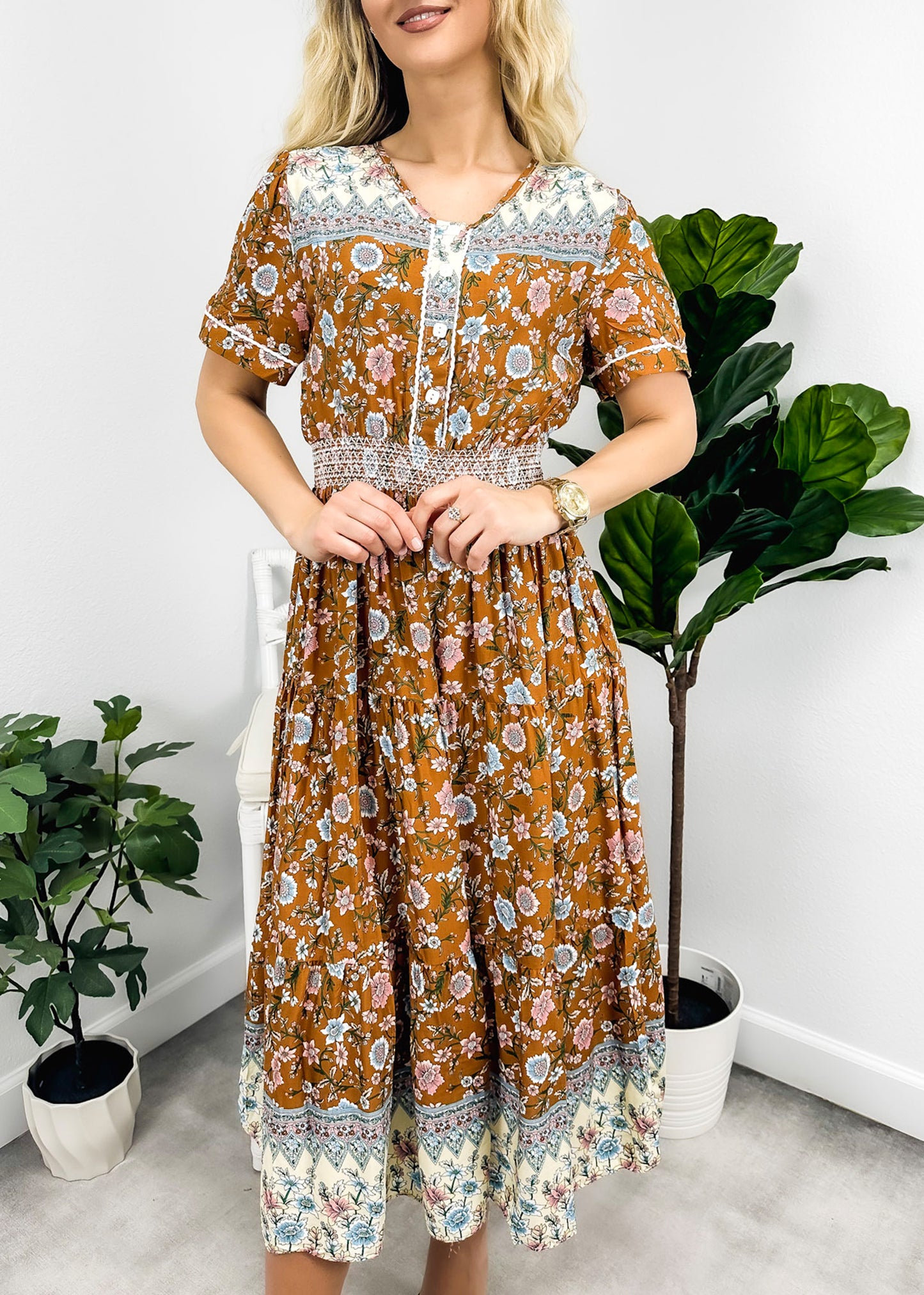 Vintage Printed Short Sleeve Dress