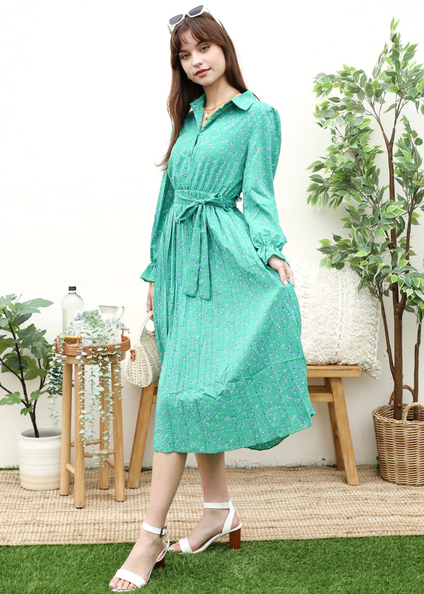 Floral Collared Pleated Dress