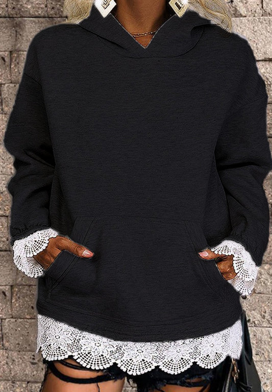 Sudadera con capucha y ribete de encaje de color liso