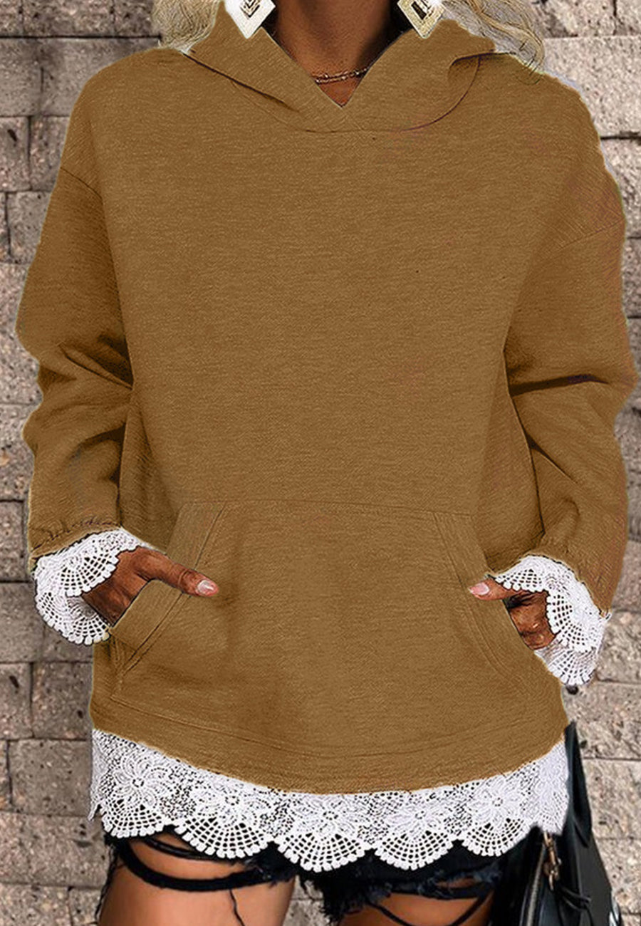 Sudadera con capucha y ribete de encaje de color liso
