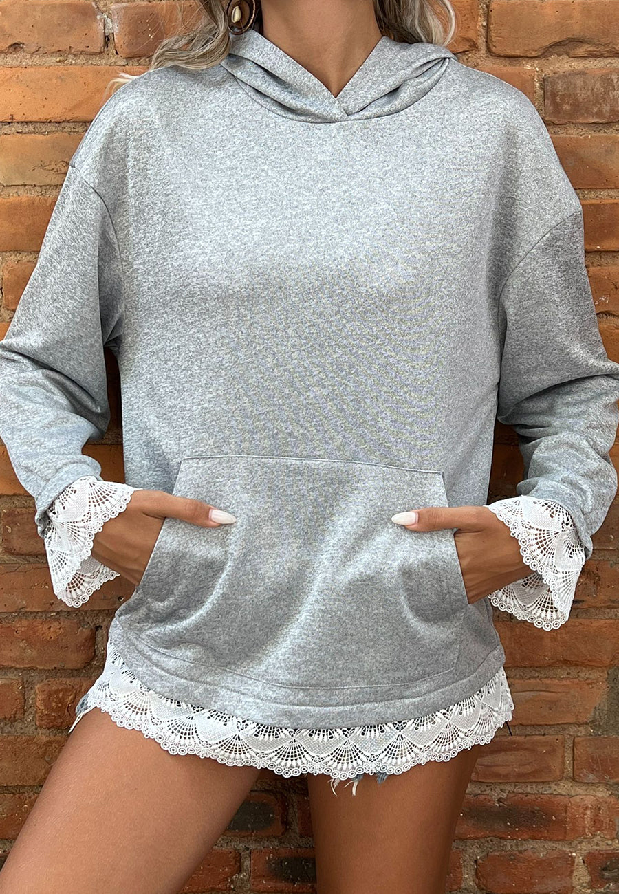 Sudadera con capucha y ribete de encaje de color liso