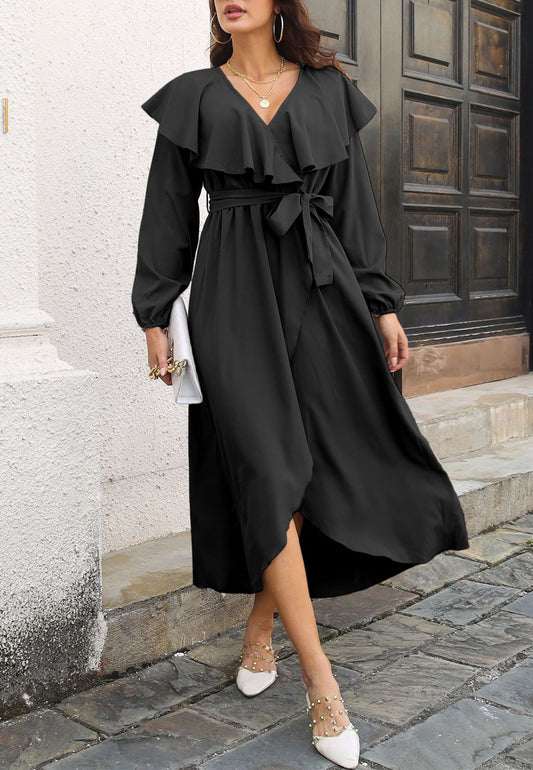 Vestido cruzado con cuello cruzado y volantes