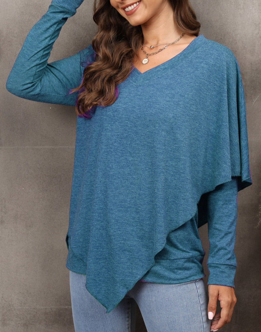 Solid Color V Neck Asymmetrical Overlap Fall Sweater for Women