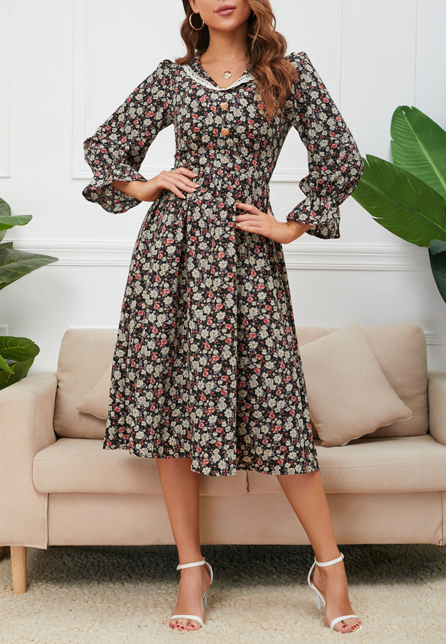 Vestido floral con cuello con ribete de encaje