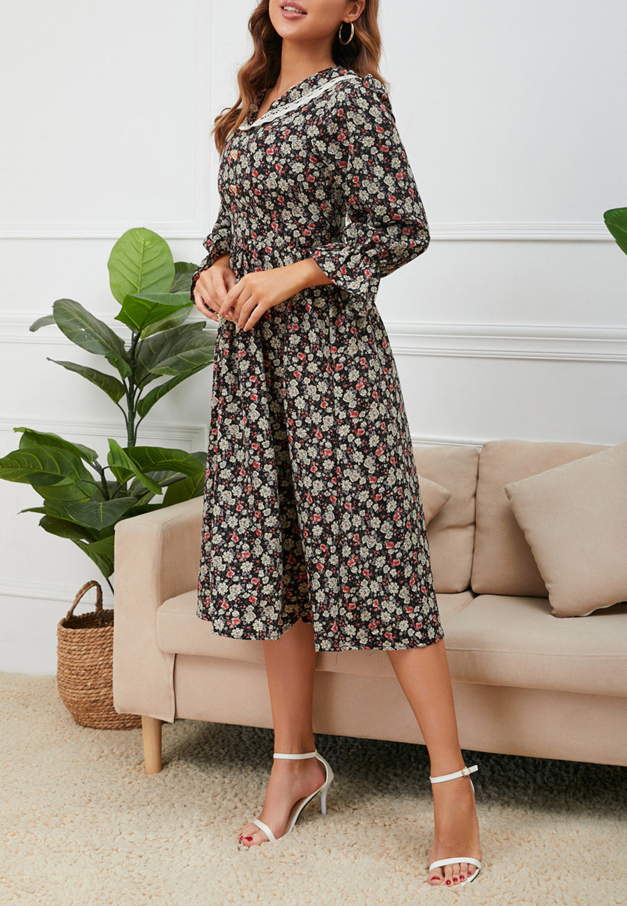 Vestido floral con cuello con ribete de encaje