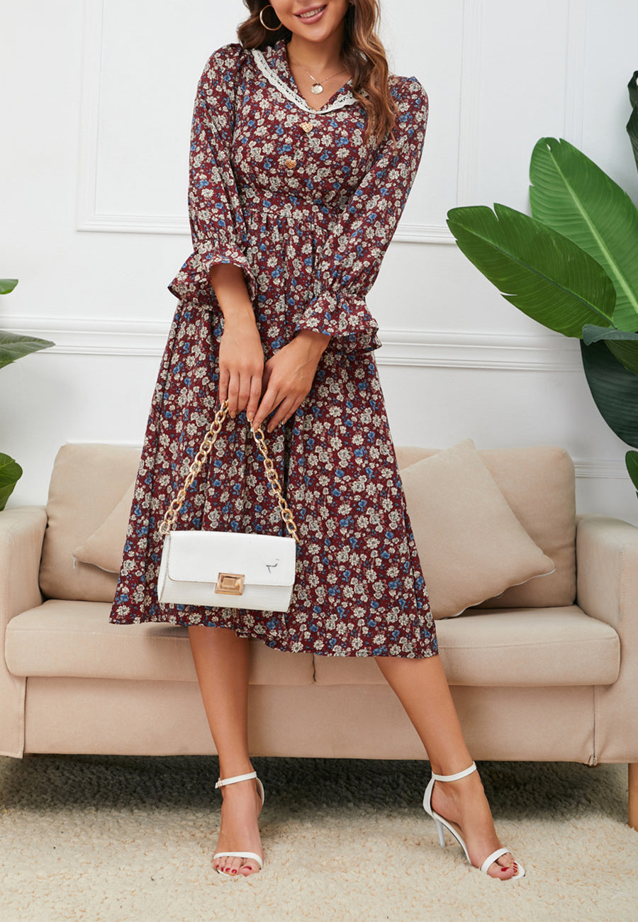 Vestido floral con cuello con ribete de encaje