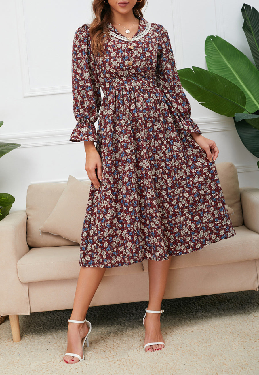 Vestido floral con cuello con ribete de encaje