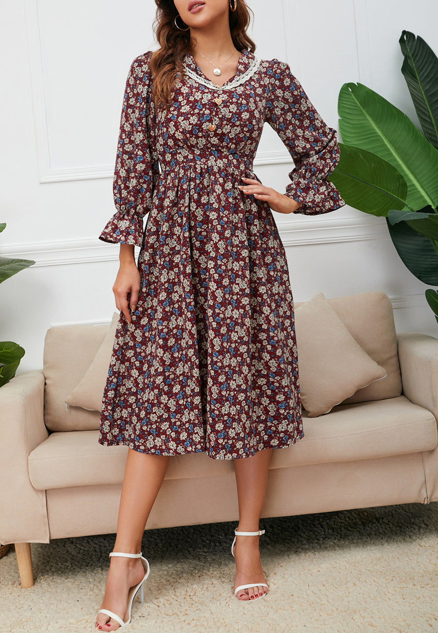 Vestido floral con cuello con ribete de encaje