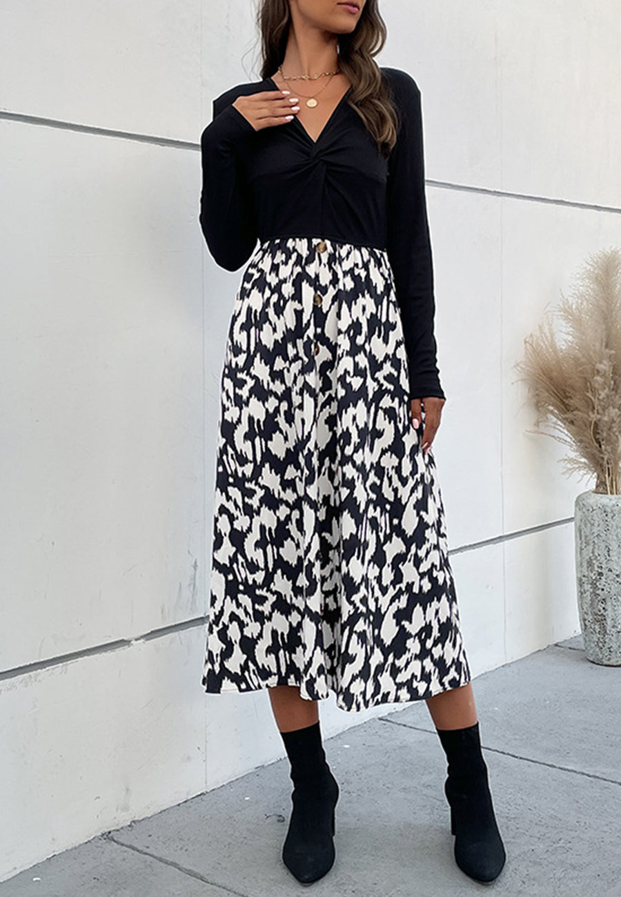 Vestido de manga larga con estampado abstracto en dos tonos
